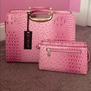 Pink ostrich faux handbag with matching clutch